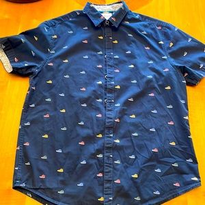 Short Sleeve Button Up - Denim & Flower - Navy Blue